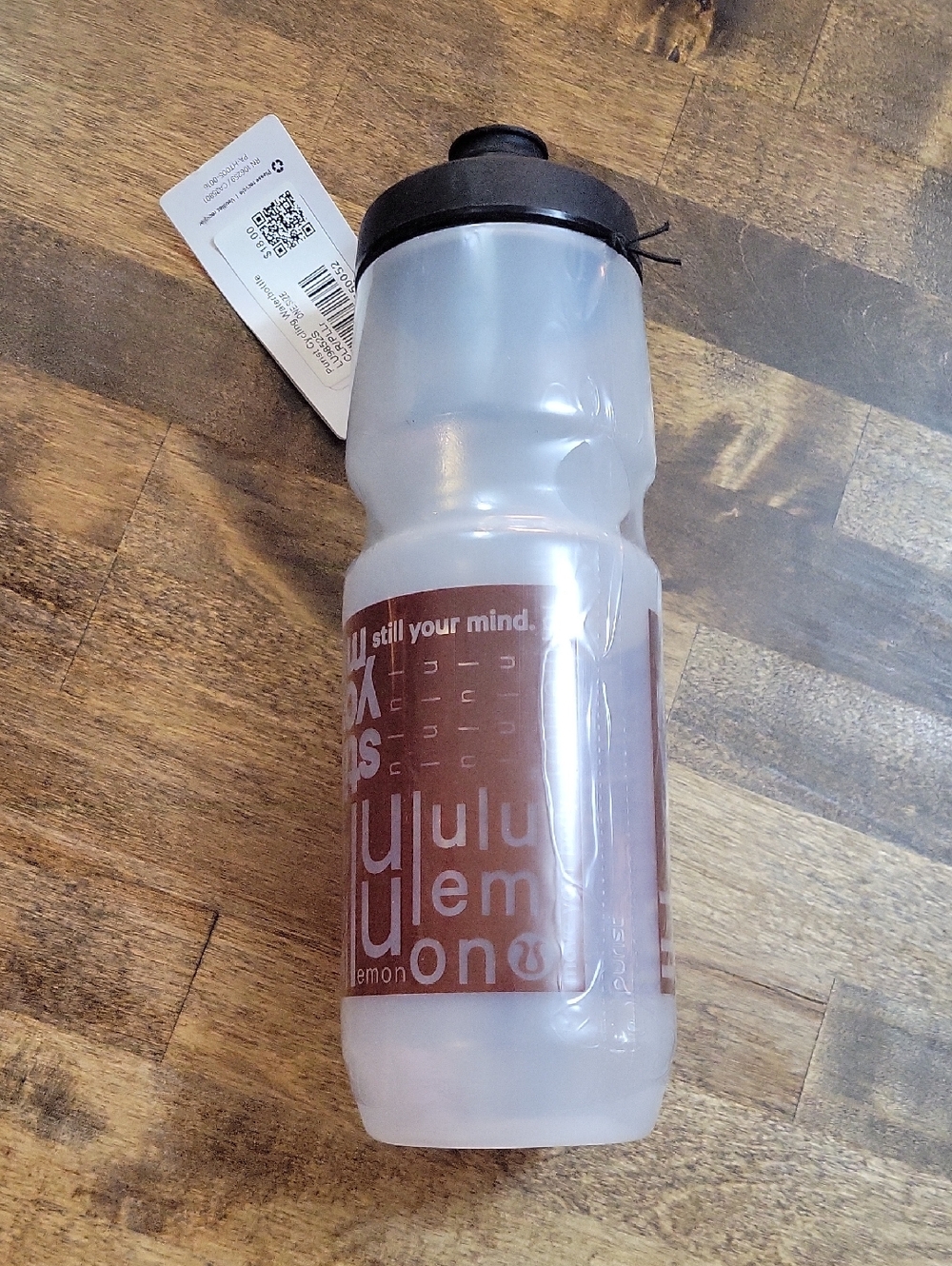lululemon athletica Clear Water Bottle with Brown Graphic and Black Lid Purist